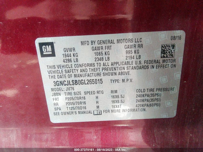 2016 CHEVROLET TRAX LT - 3GNCJLSB0GL265015