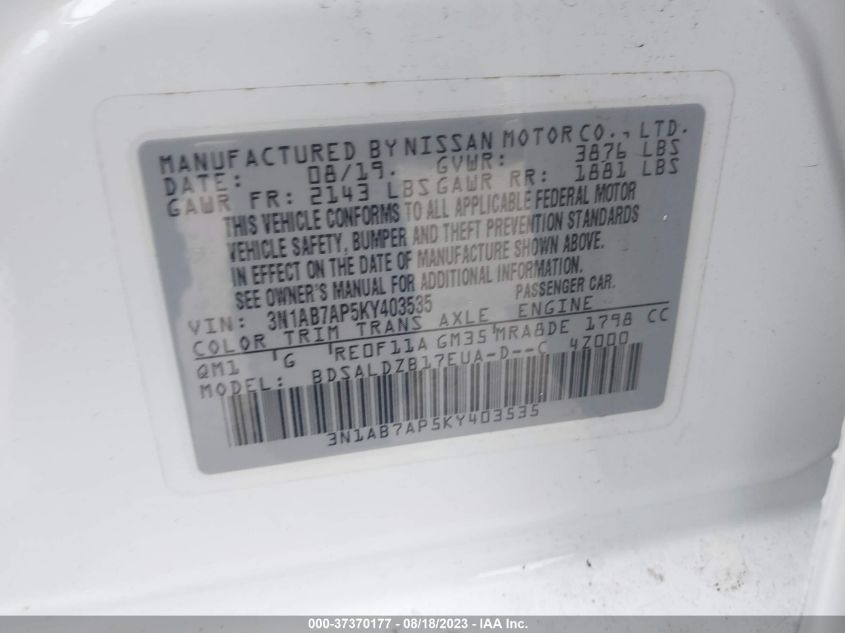 3N1AB7AP5KY403535 Nissan Sentra S/SV/SR/SL 9