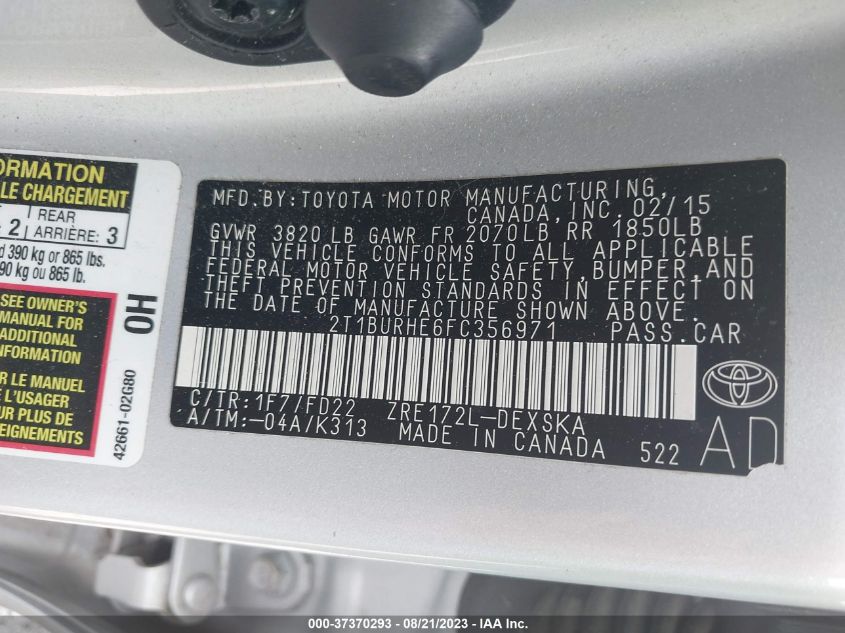 2015 TOYOTA COROLLA L/LE/S/S PLUS/LE PLUS - 2T1BURHE6FC356971