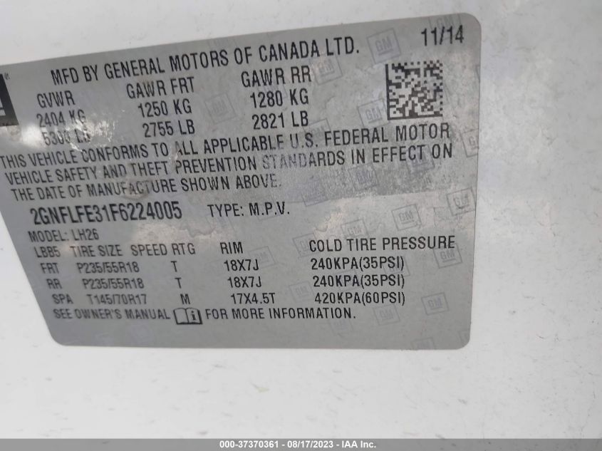 2015 CHEVROLET EQUINOX LT - 2GNFLFE31F6224005