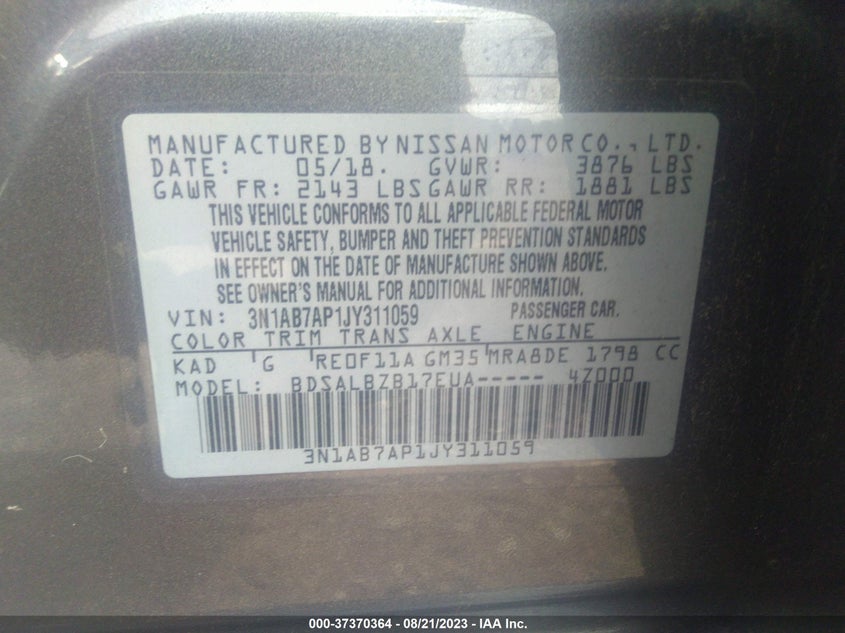 VIN 3N1AB7AP1JY311059 2018 NISSAN SENTRA S