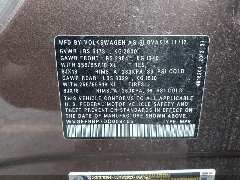 2013 VOLKSWAGEN TOUAREG SPORT - WVGEF9BP7DD009405