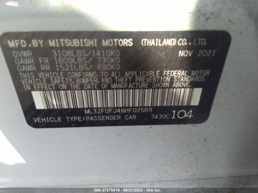2022 MITSUBISHI MIRAGE G4 ES/LE/BLACK EDITION - ML32FUFJ4NHF02569