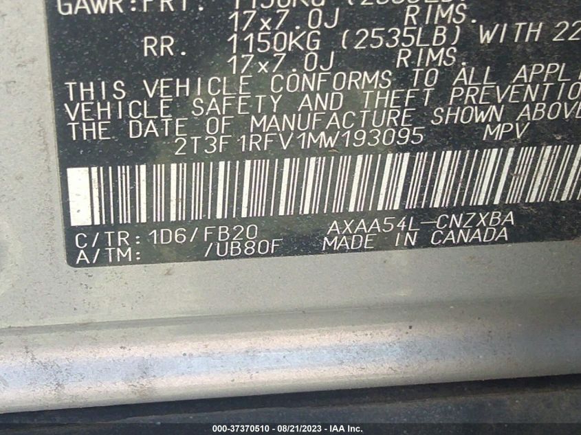 2021 TOYOTA RAV4 LE - 2T3F1RFV1MW193095