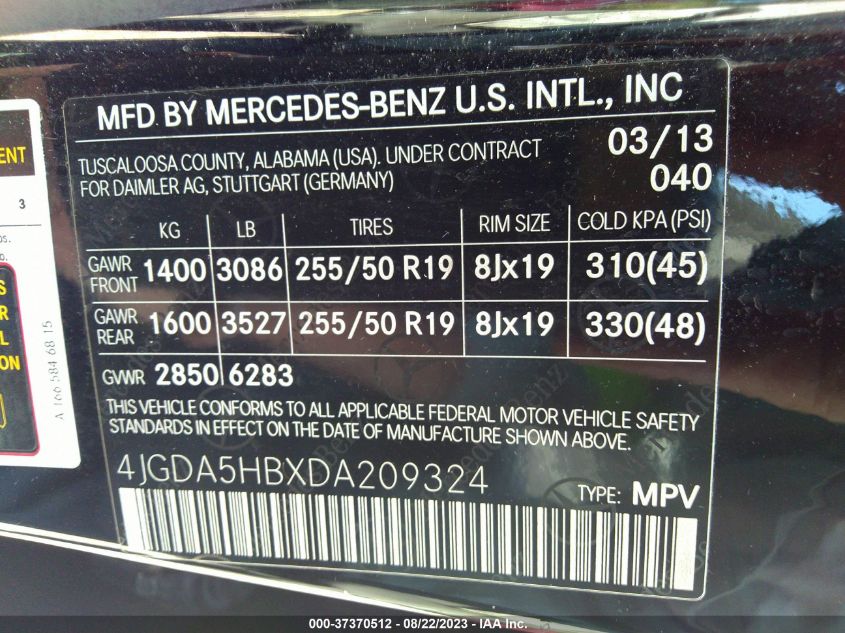 2013 MERCEDES-BENZ ML 350 4JGDA5HBXDA209324