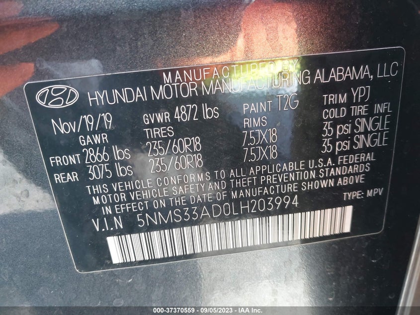 VIN 5NMS33AD0LH203994 2020 HYUNDAI SANTA FE SEL