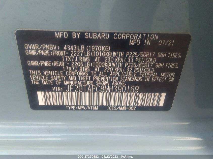 2021 SUBARU CROSSTREK PREMIUM - JF2GTAPC8MH390169