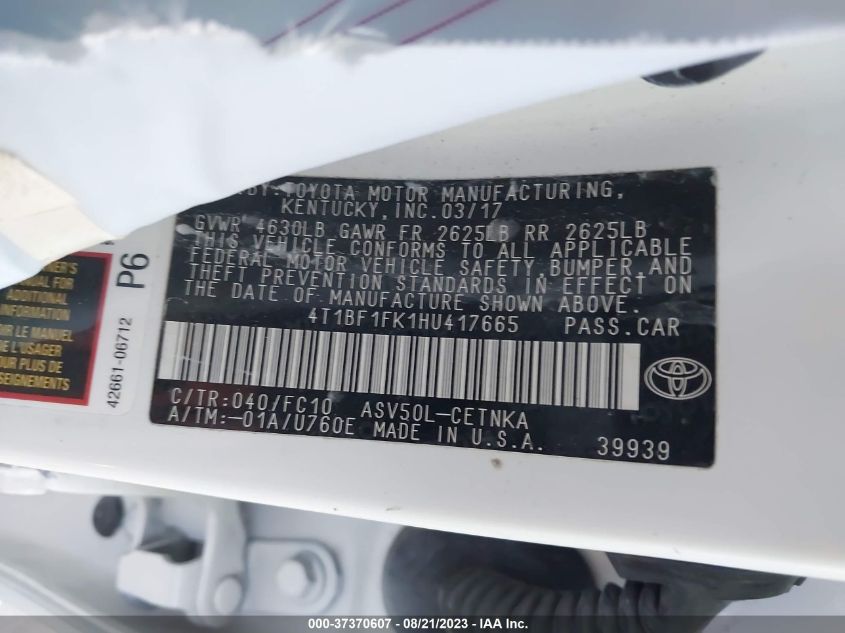 2017 TOYOTA CAMRY LE/XLE/SE/XSE - 4T1BF1FK1HU417665