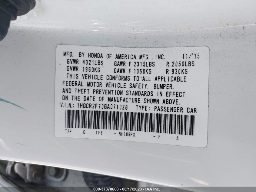 2016 HONDA ACCORD SEDAN EX - 1HGCR2F70GA071028