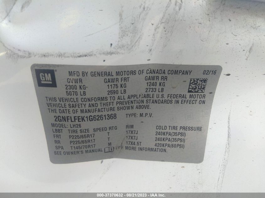 2016 CHEVROLET EQUINOX LT - 2GNFLFEK1G6261368