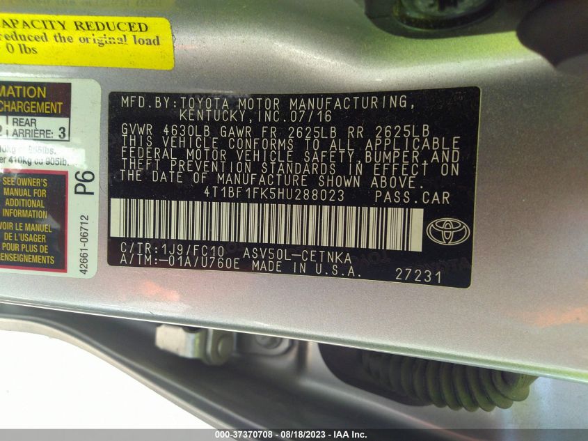 2017 TOYOTA CAMRY XLE/SE/LE/XSE - 4T1BF1FK5HU288023