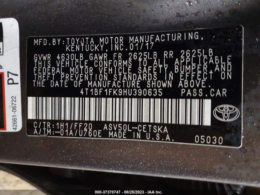 2017 TOYOTA CAMRY XLE/SE/LE/XSE - 4T1BF1FK9HU390635