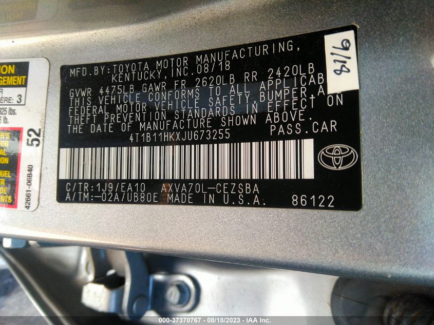 2018 TOYOTA CAMRY LE/SE/XLE/L - 4T1B11HKXJU673255