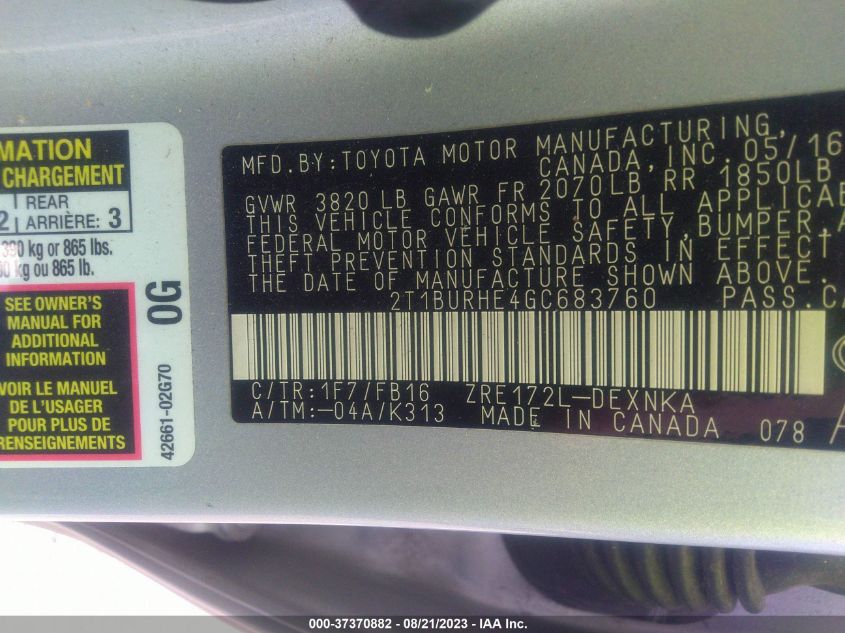 2016 TOYOTA COROLLA L/LE/LE PLS/PRM/S/S PLS - 2T1BURHE4GC683760