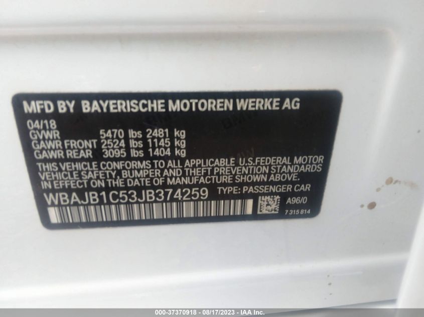 2018 BMW 530E XDRIVE IPERFORMANCE WBAJB1C53JB374259