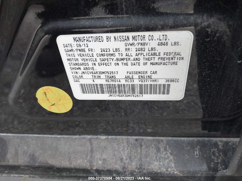 2013 INFINITI G37 SEDAN X JN1CV6AR3DM752517