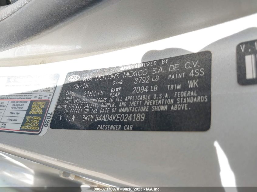 2019 KIA FORTE S - 3KPF34AD4KE024189
