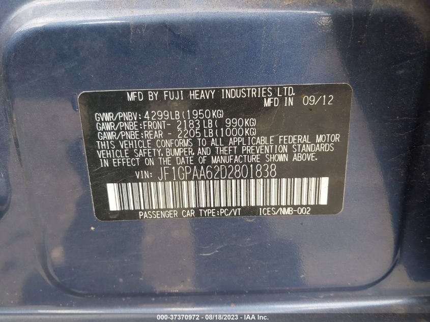 2013 SUBARU IMPREZA WAGON 2.0I - JF1GPAA62D2801838
