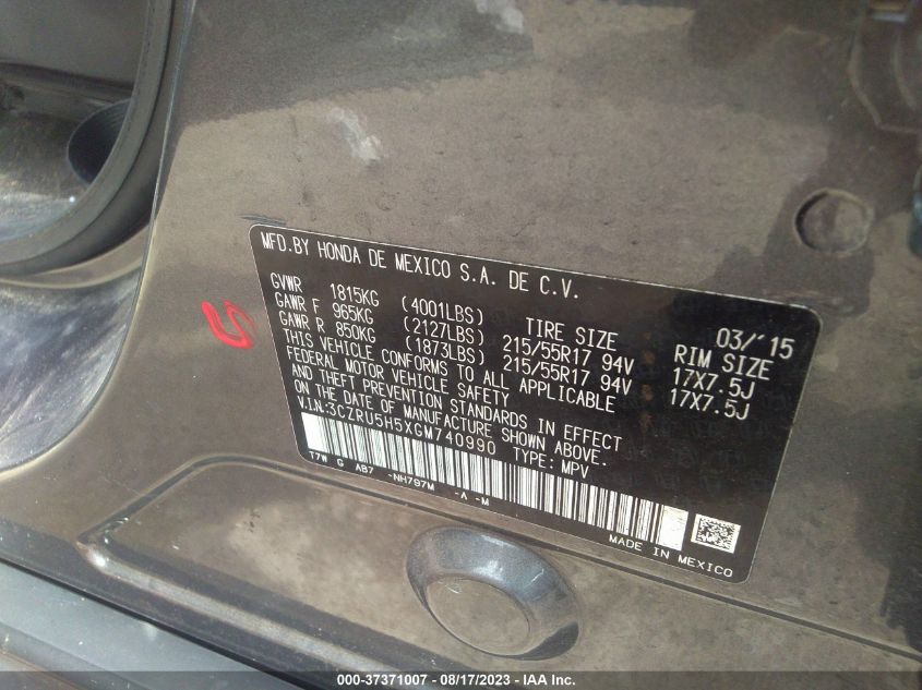 2016 HONDA HR-V EX - 3CZRU5H5XGM740990