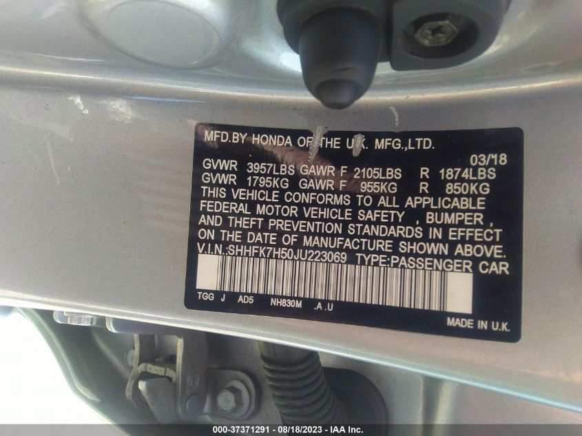 2018 HONDA CIVIC HATCHBACK EX - SHHFK7H50JU223069