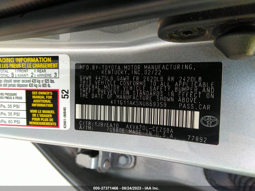 2022 TOYOTA CAMRY SE - 4T1G11AK5NU669359
