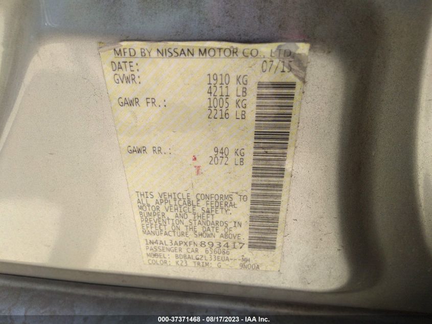 2015 NISSAN ALTIMA 2.5 S - 1N4AL3APXFN893417
