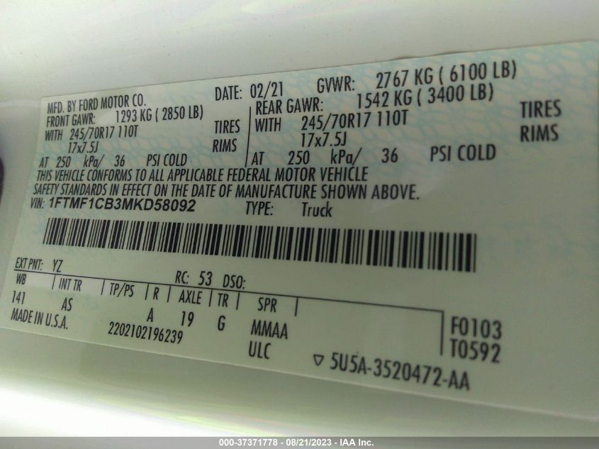 2021 FORD F150 - 1FTMF1CB3MKD58092