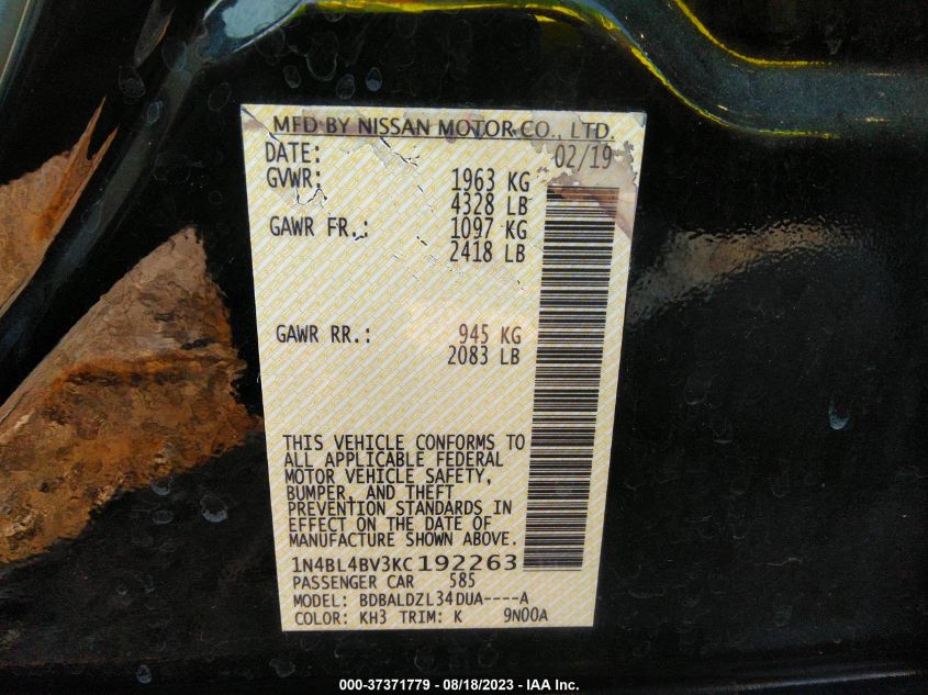 2019 NISSAN ALTIMA S - 1N4BL4BV3KT192263