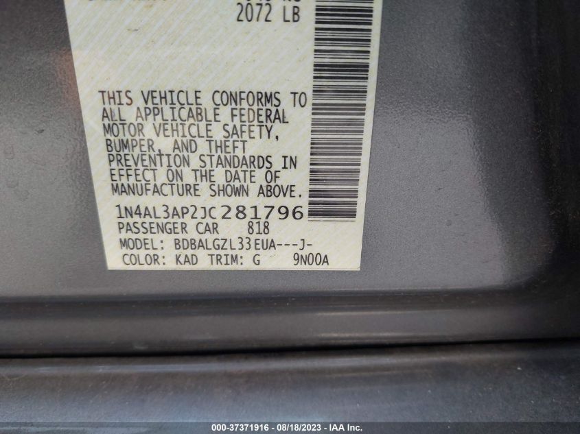 2018 NISSAN ALTIMA 2.5/S/SV/SL/SR - 1N4AL3AP2JC281796
