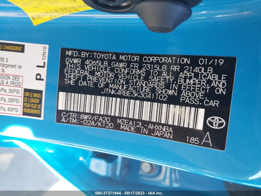2019 TOYOTA COROLLA HATCHBACK SE/XSE JTNK4RBE3K3041102