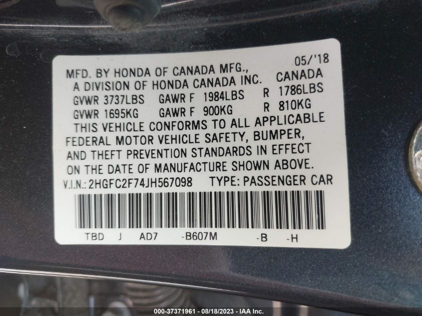 2018 HONDA CIVIC SEDAN EX - 2HGFC2F74JH567098
