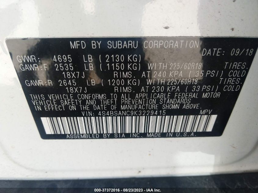 2019 SUBARU OUTBACK LIMITED - 4S4BSANC9K3229415
