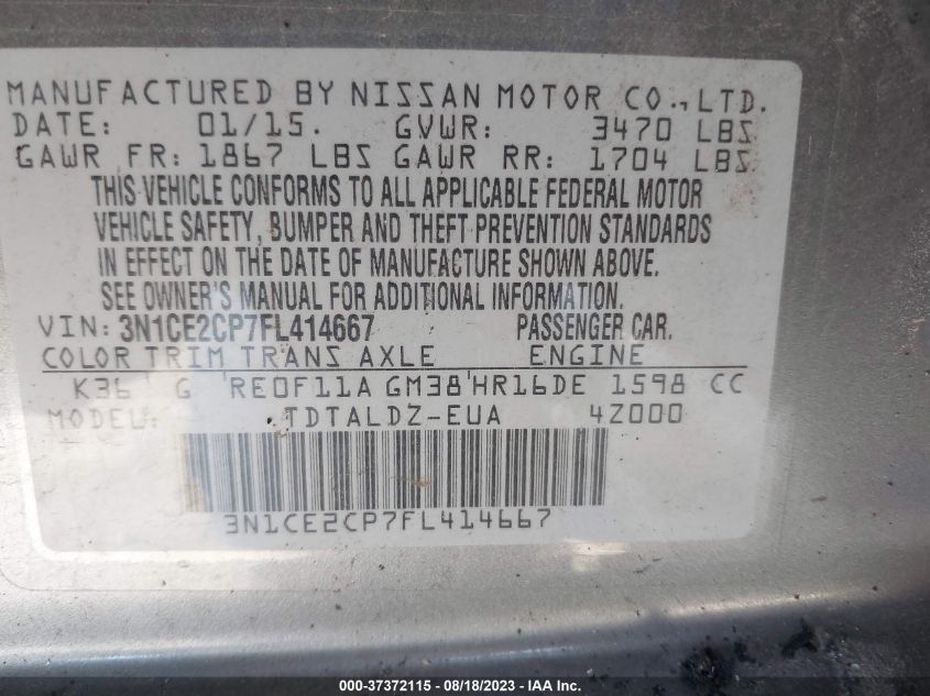 2015 NISSAN VERSA NOTE S/S PLUS/SV/SR/SL - 3N1CE2CP7FL414667