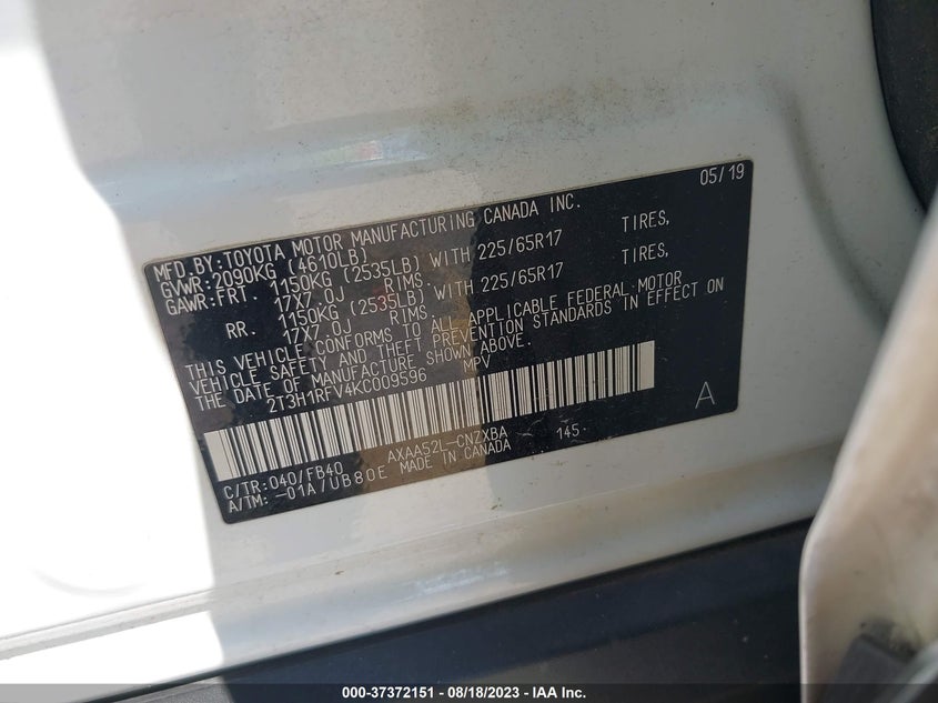 VIN 2T3H1RFV4KC009596 2019 TOYOTA RAV4 LE