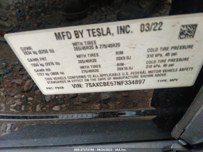 VIN 7SAXCBE57NF334897 2022 TESLA MODEL X
