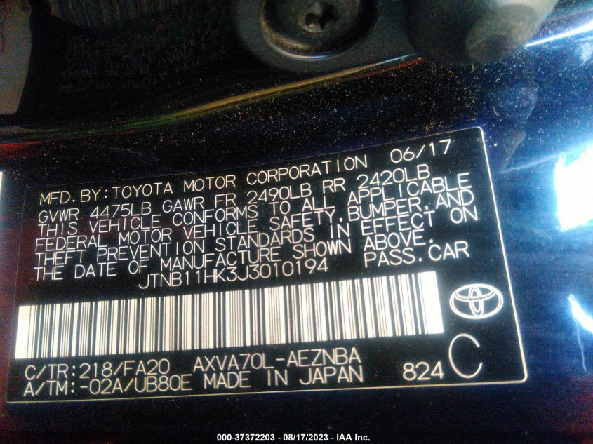 2018 TOYOTA CAMRY L/LE/XLE/SE/XSE - JTNB11HK3J3010194