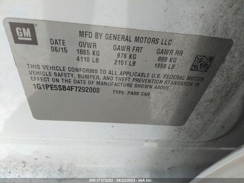 2015 CHEVROLET CRUZE LT - 1G1PE5SB4F7292000
