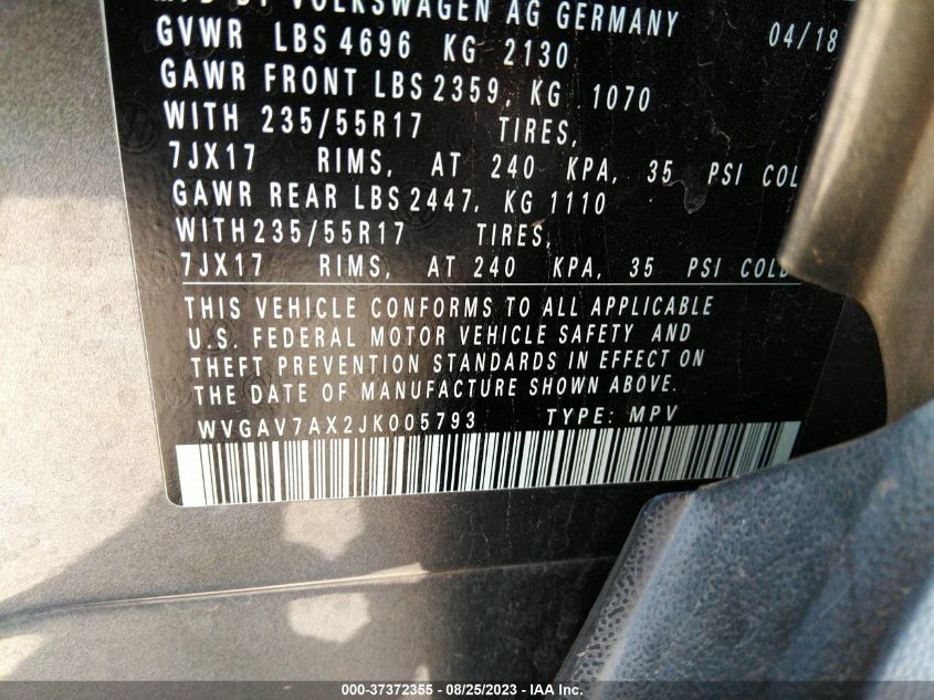 2018 VOLKSWAGEN TIGUAN LIMITED WVGAV7AX2JK005793