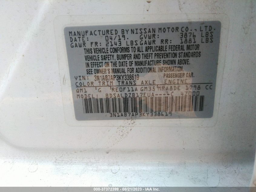 2019 NISSAN SENTRA SV - 3N1AB7AP3KY338619