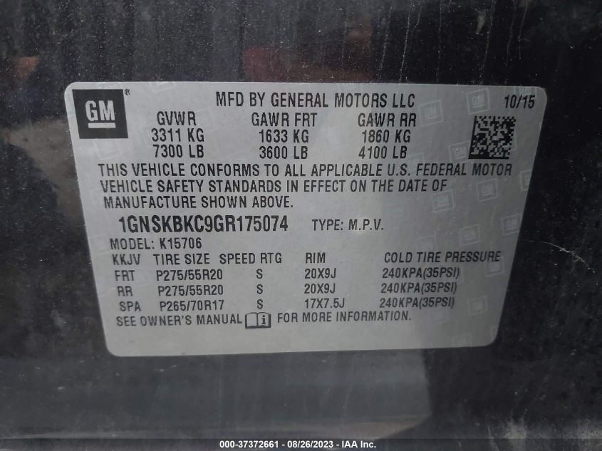 2016 CHEVROLET TAHOE LT - 1GNSKBKC9GR175074