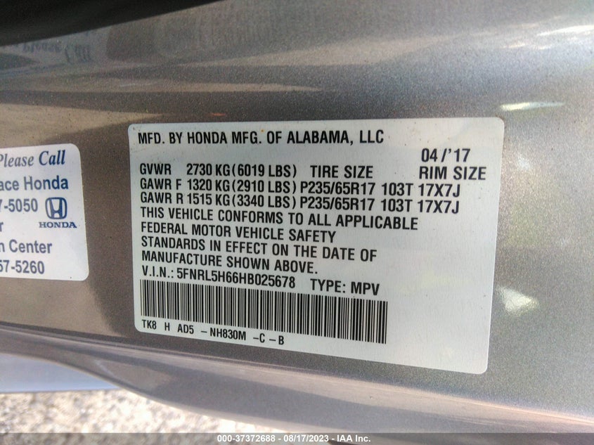 VIN 5FNRL5H66HB025678 2017 HONDA ODYSSEY EX-L