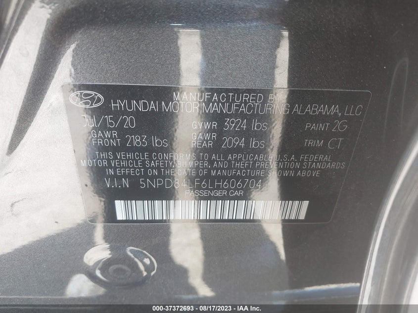 VIN 5NPD84LF6LH606704 2020 HYUNDAI ELANTRA SEL