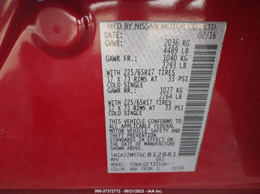 2016 NISSAN ROGUE SV/SL/S - 5N1AT2MT7GC812881