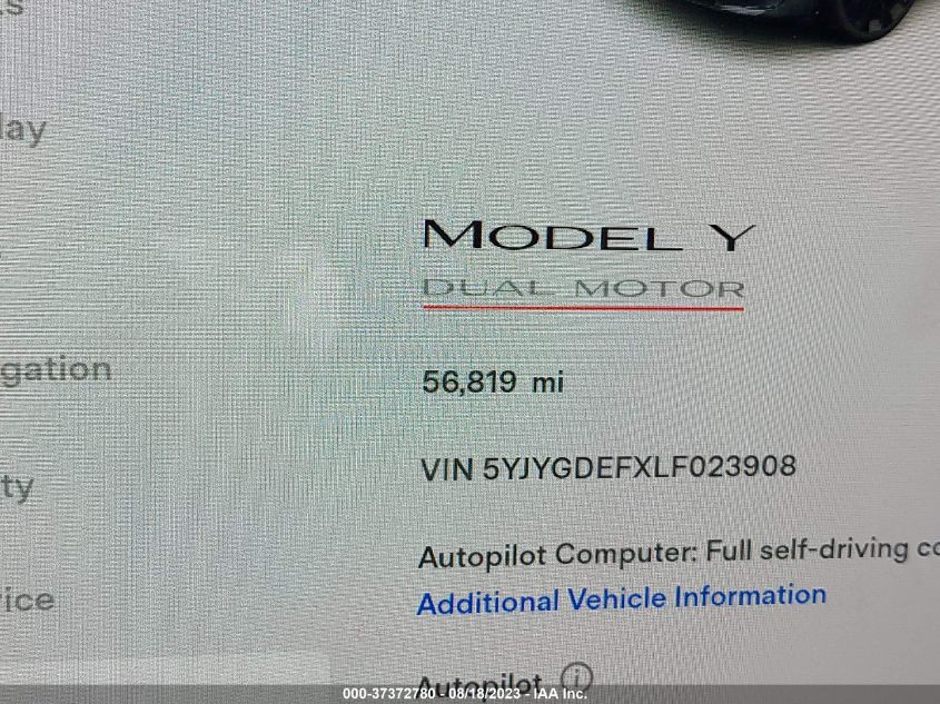 2020 TESLA MODEL Y LONG RANGE/PERFORMANCE - 5YJYGDEFXLF023908