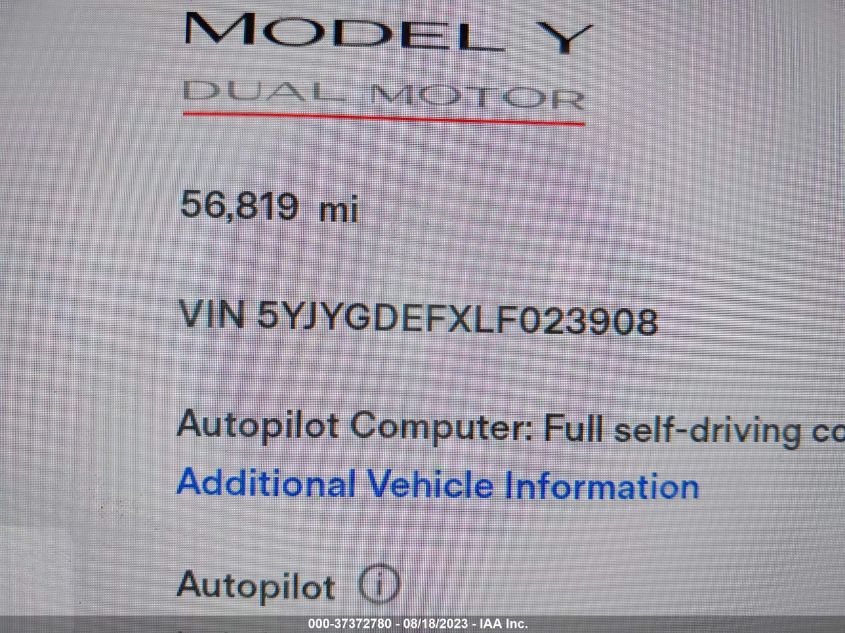 2020 TESLA MODEL Y LONG RANGE/PERFORMANCE - 5YJYGDEFXLF023908