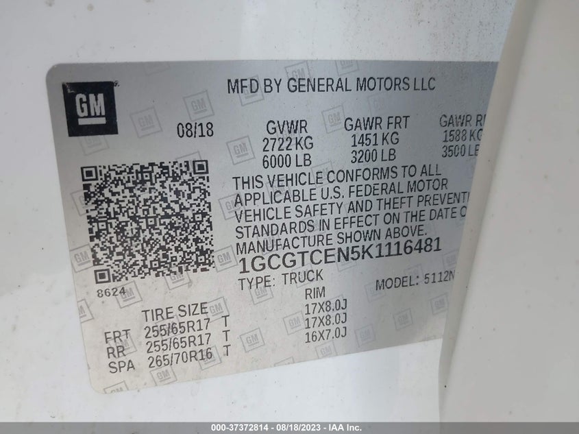 VIN 1GCGTCEN5K1116481 2019 CHEVROLET COLORADO 4WD LT