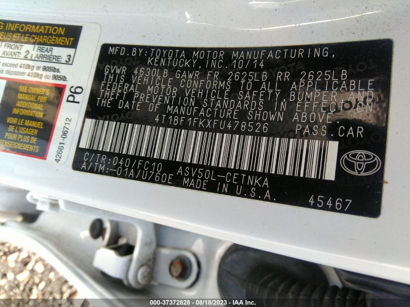 2015 TOYOTA CAMRY XLE/SE/LE/XSE - 4T1BF1FKXFU478526