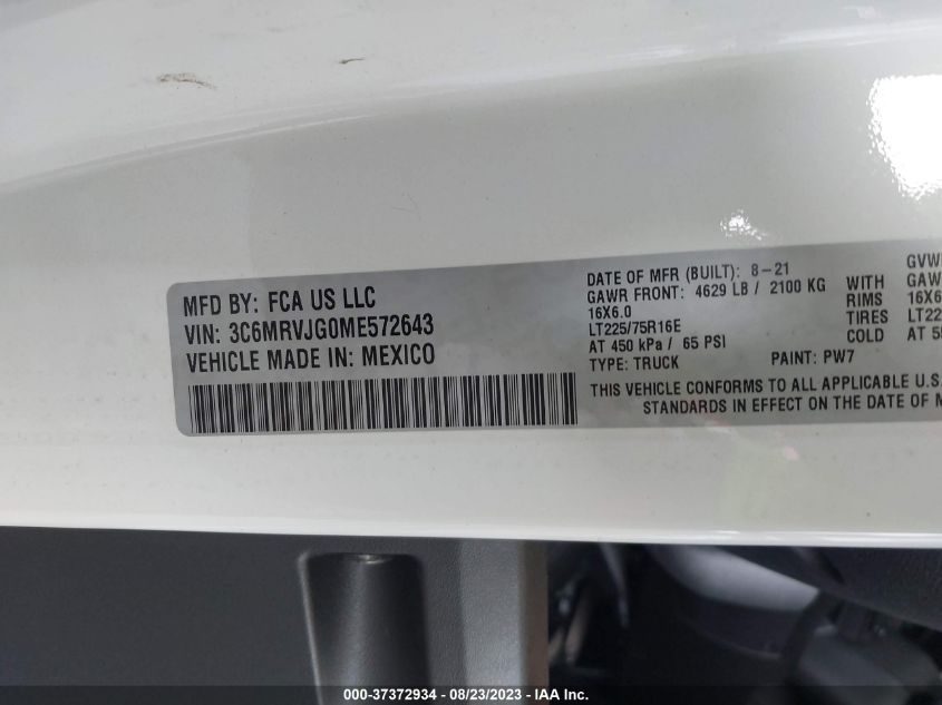 2021 RAM PROMASTER CARGO VAN - 3C6MRVJG0ME572643