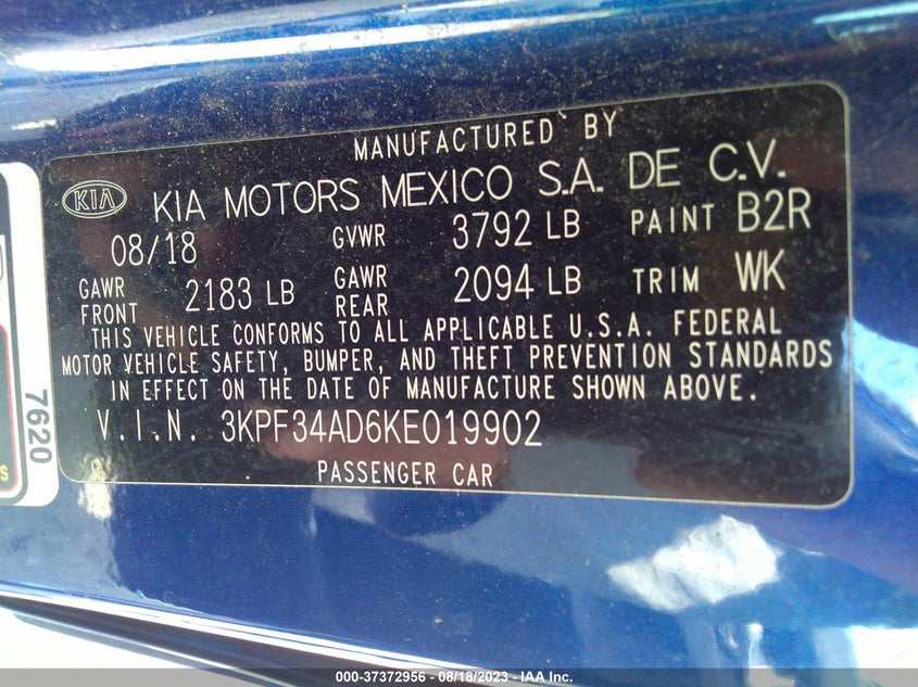VIN 3KPF34AD6KE019902 2019 KIA FORTE S