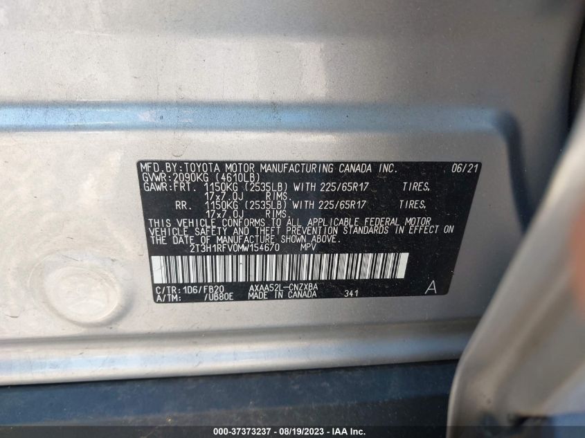 2021 TOYOTA RAV4 LE - 2T3H1RFV0MW154670